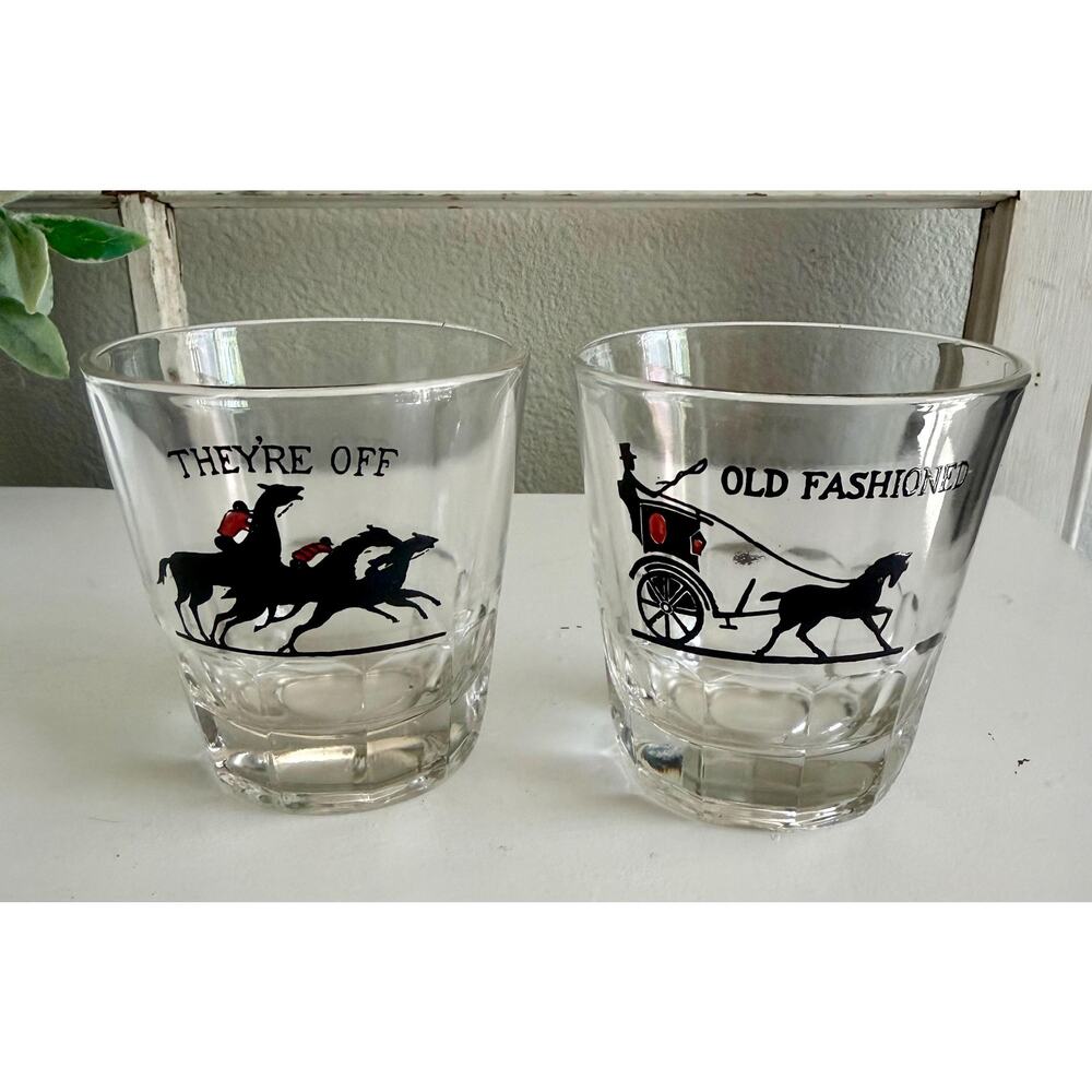 Vintage Hazel Atlas Swanky Swigs Glasses | Horse Carriage Barware Set